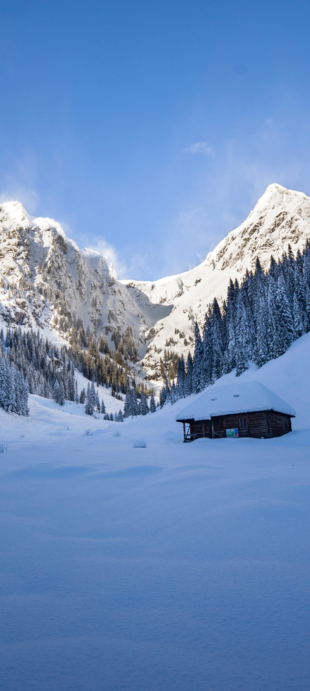 雪山下的小木屋风景手机背景图 配图01