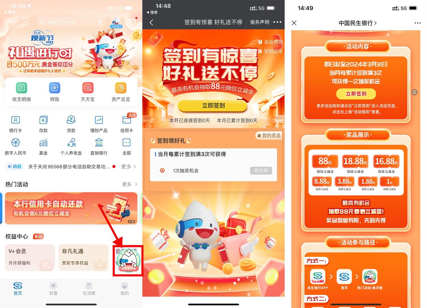 民生签到3天抽1~88元立减金 配图01